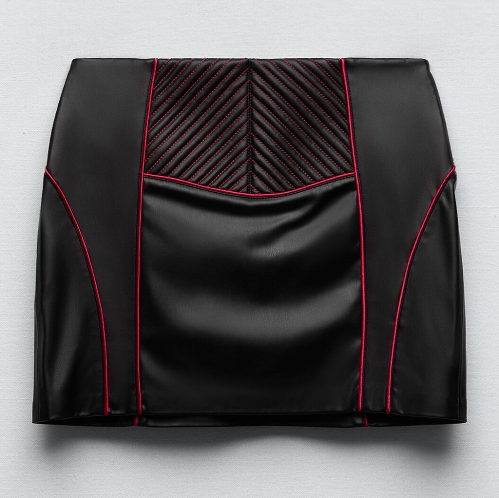 NWT ZARA Black/Red Moto Style Faux Leather Mini Skirt S - Picture 7 of 9